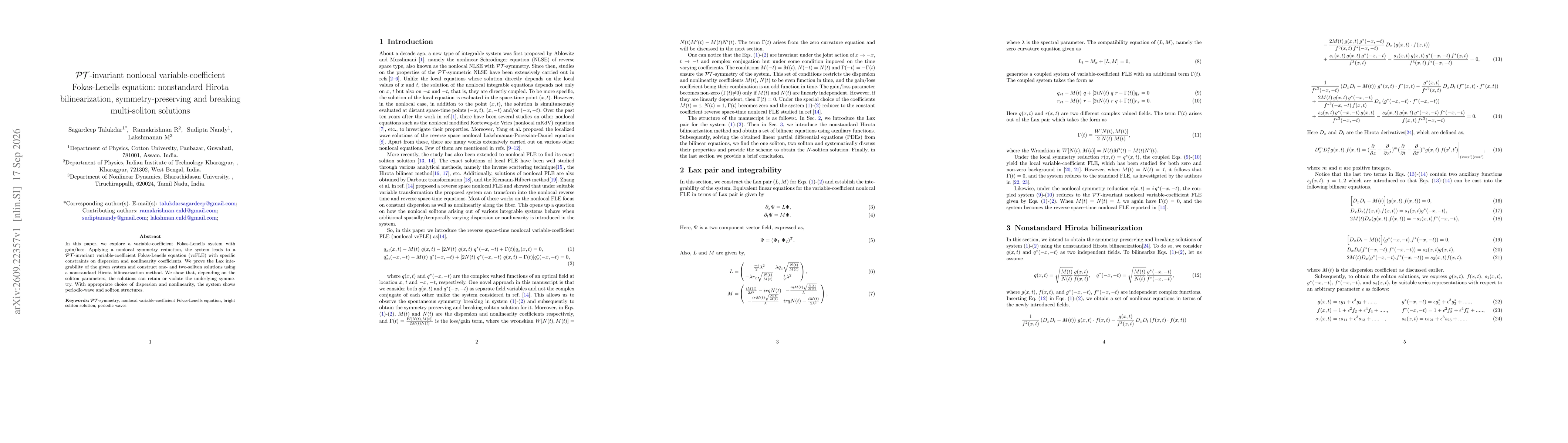 Thumbnail for PT-invariant nonlocal variable-coefficient Fokas-Lenells equation: nonstandard Hirota bilinearization, symmetry-preserving and breaking multi-soliton solutions