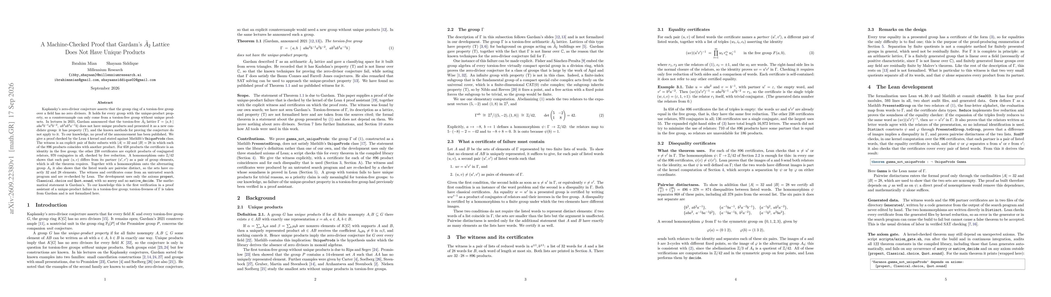 Thumbnail for A Machine-Checked Proof that Gardam's $\tilde{A}_2$ Lattice Does Not Have Unique Products