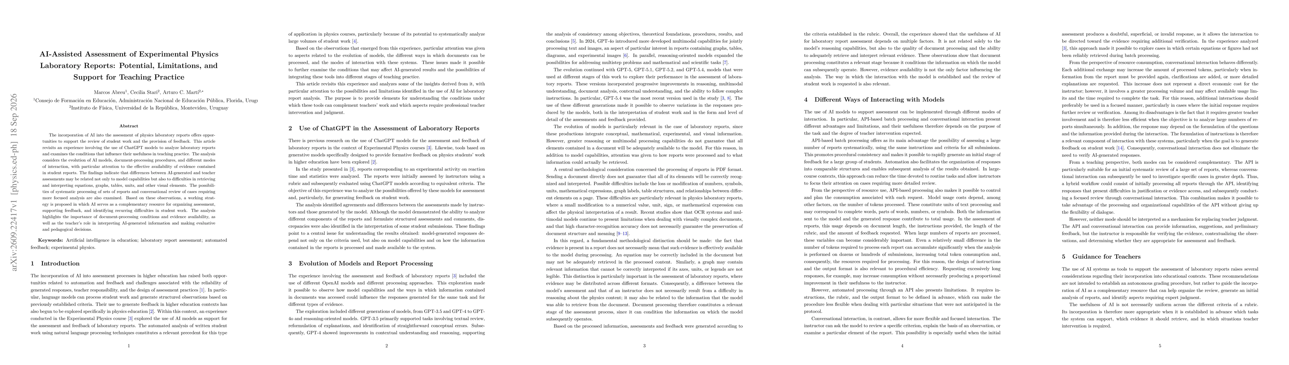 Thumbnail for AI-Assisted Assessment of Experimental Physics Laboratory Reports: Potential, Limitations, and Support for Teaching Practice