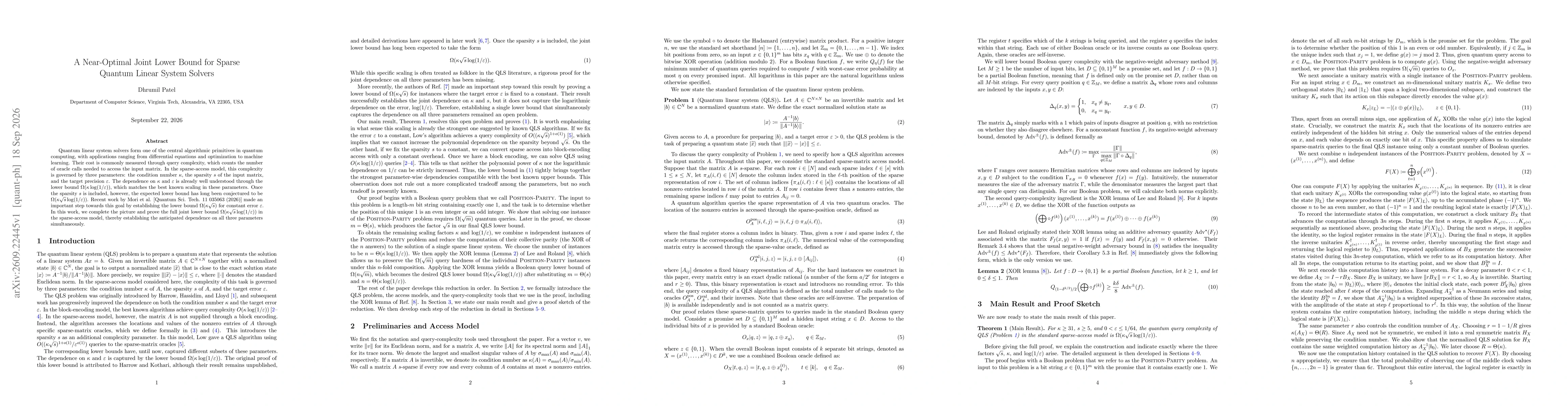 Thumbnail for A Near-Optimal Joint Lower Bound for Sparse Quantum Linear System Solvers