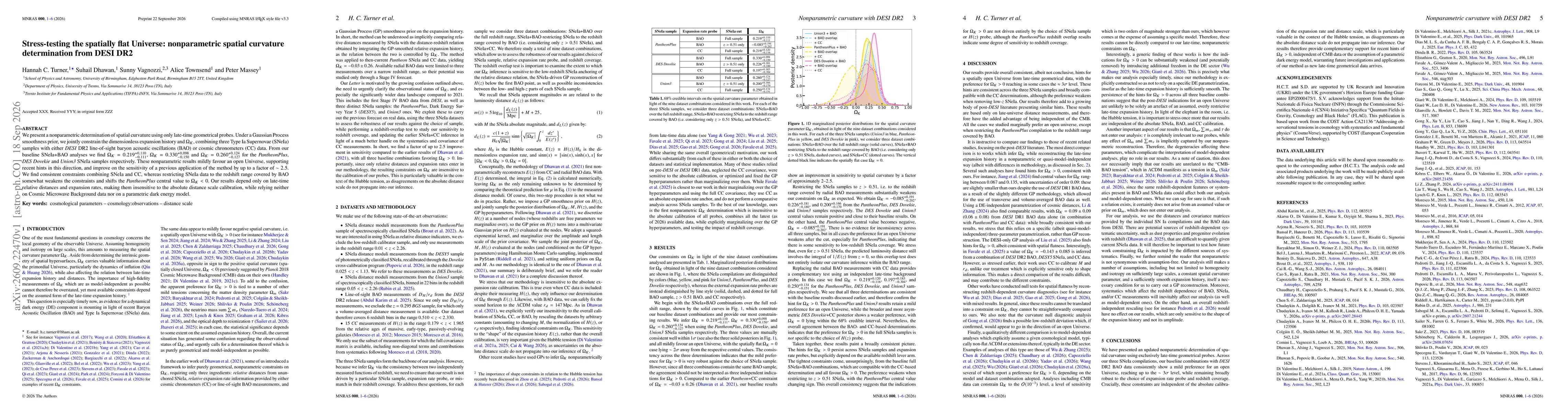 Thumbnail for Stress-testing the spatially flat Universe: nonparametric spatial curvature determination from DESI DR2