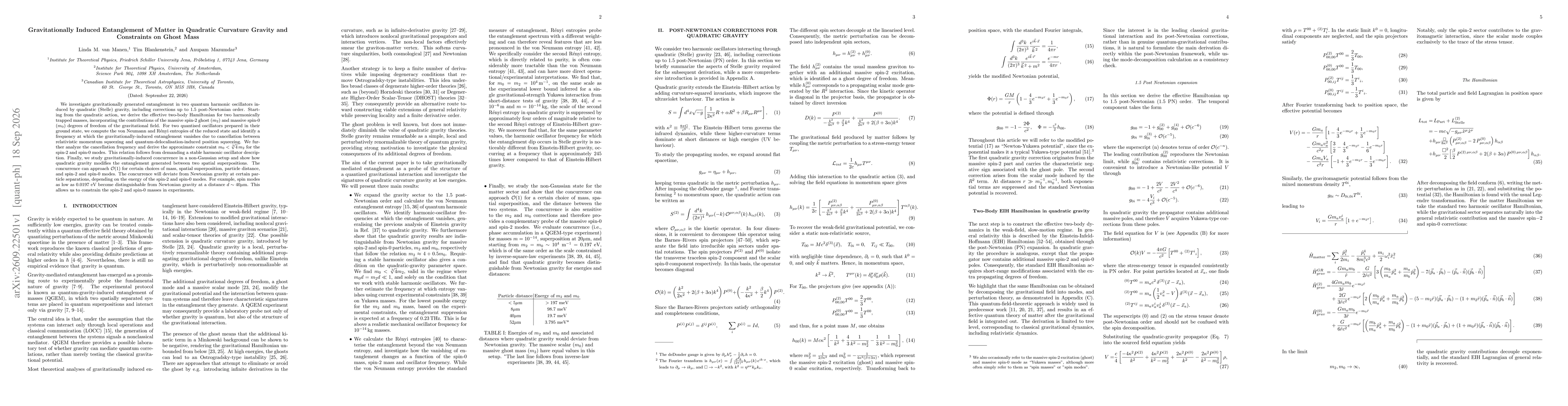 Thumbnail for Gravitationally Induced Entanglement of Matter in Quadratic Curvature Gravity and Constraints on Ghost Mass