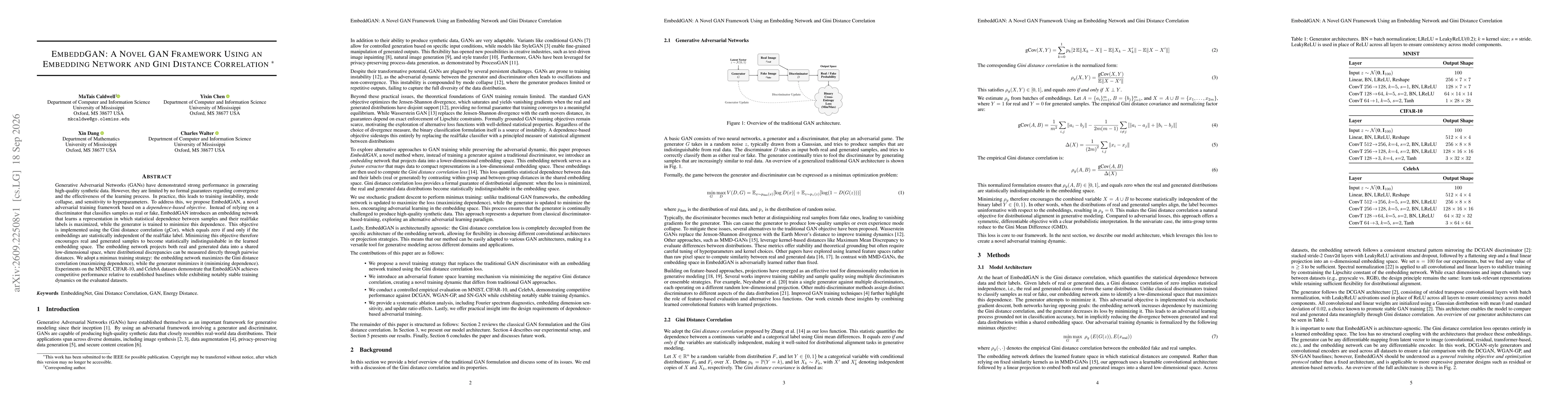 Thumbnail for EmbeddGAN: A Novel GAN Framework Using an Embedding Network and Gini Distance Correlation
