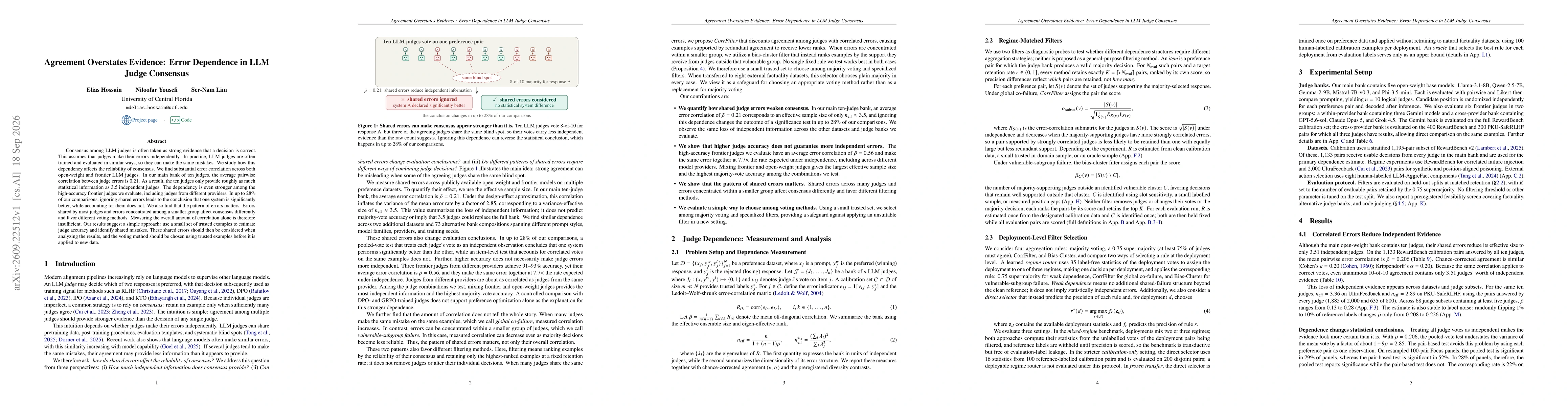 Thumbnail for Agreement Overstates Evidence: Error Dependence in LLM Judge Consensus