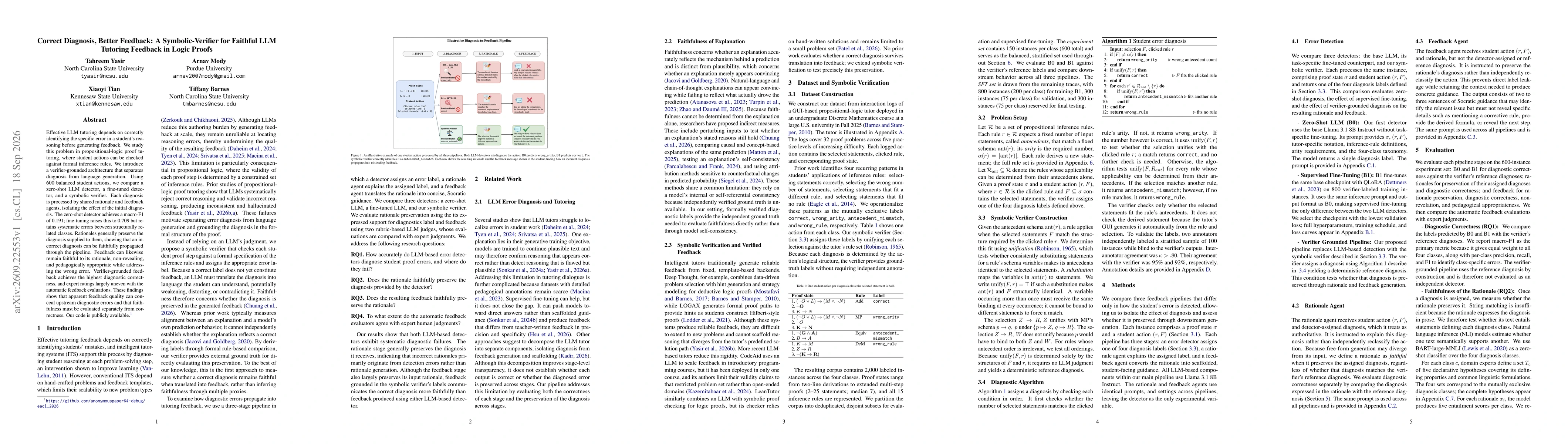Thumbnail for Correct Diagnosis, Better Feedback: A Symbolic-Verifier for Faithful LLM Tutoring Feedback in Logic Proofs