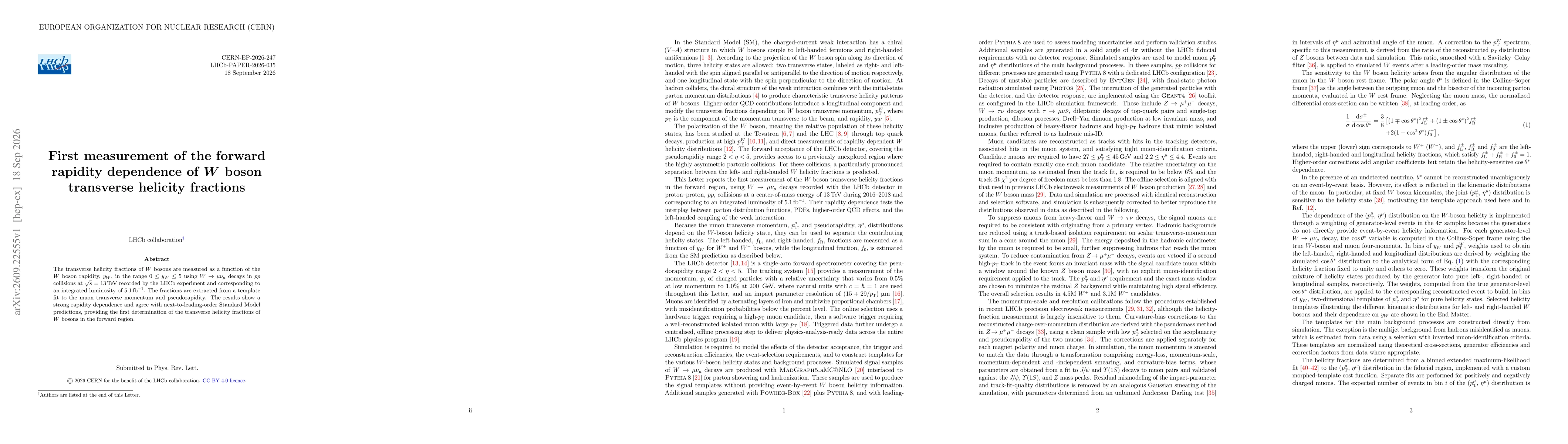 Thumbnail for First measurement of the forward rapidity dependence of $W$ boson transverse helicity fractions