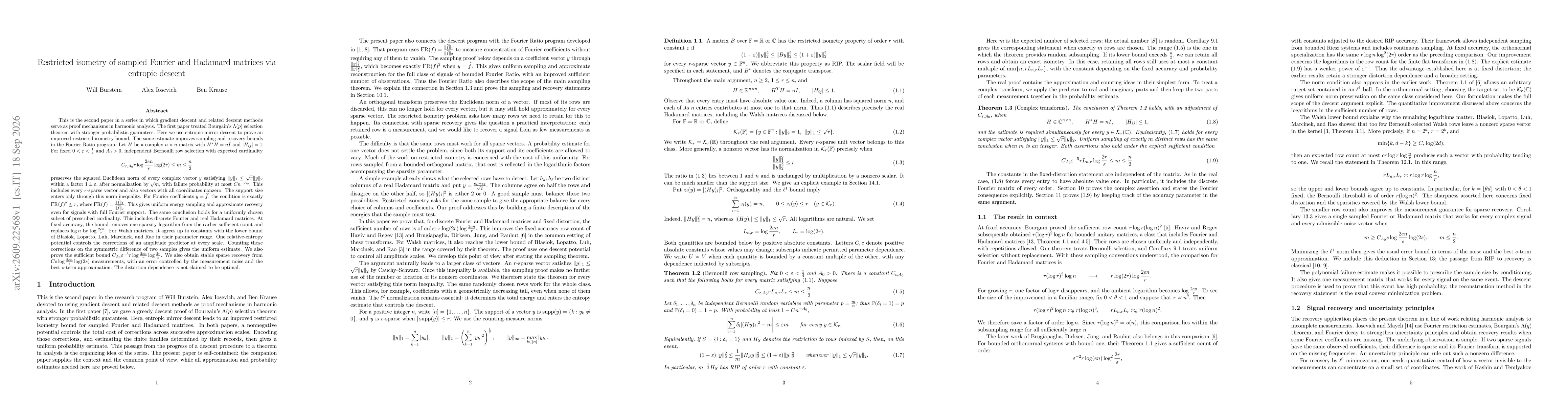 Thumbnail for Restricted isometry of sampled Fourier and Hadamard matrices via entropic descent