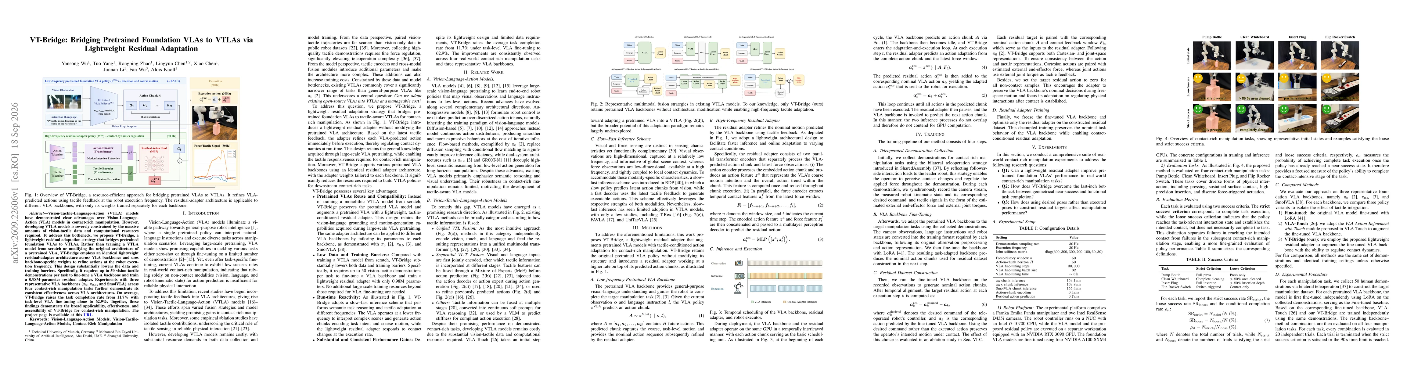 Thumbnail for VT-Bridge: Bridging Pretrained Foundation VLAs to VTLAs via Lightweight Residual Adaptation