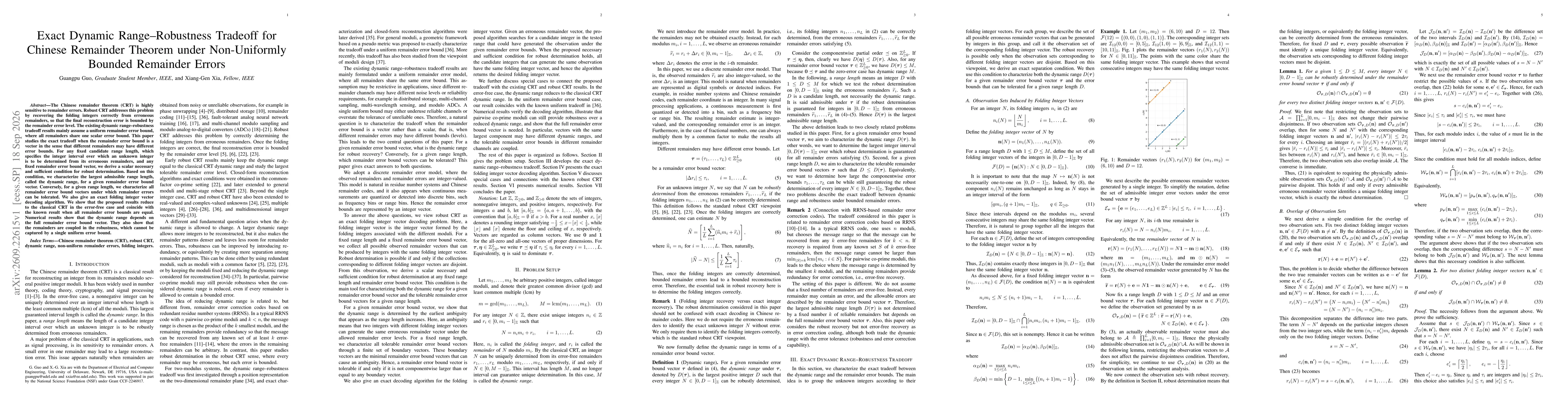 Thumbnail for Exact Dynamic Range--Robustness Tradeoff for Chinese Remainder Theorem under Non-Uniformly Bounded Remainder Errors