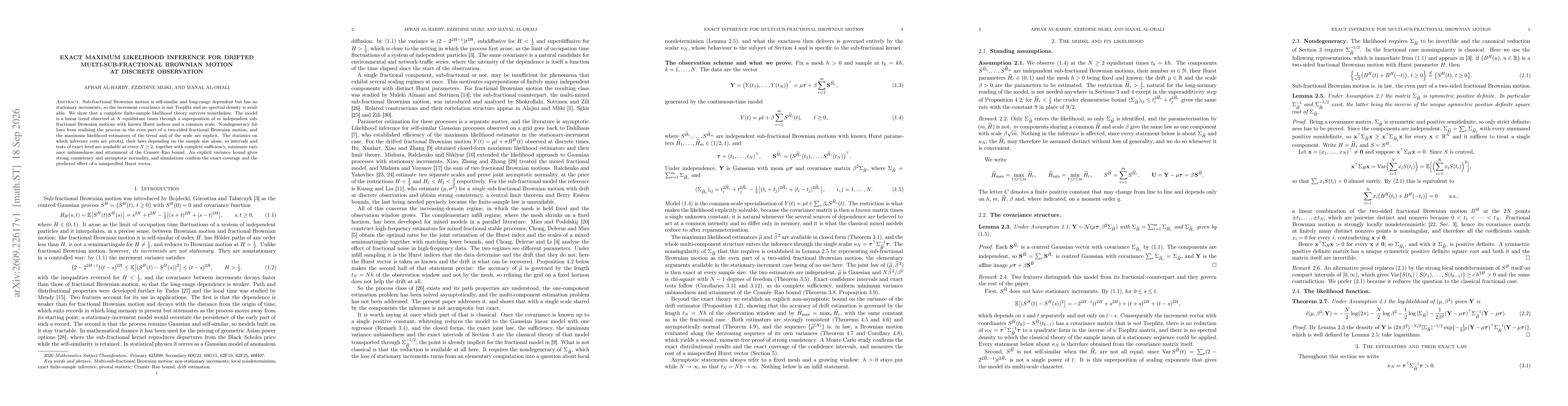 Thumbnail for Exact maximum likelihood inference for drifted multi-sub-fractional Brownian motion at discrete observation