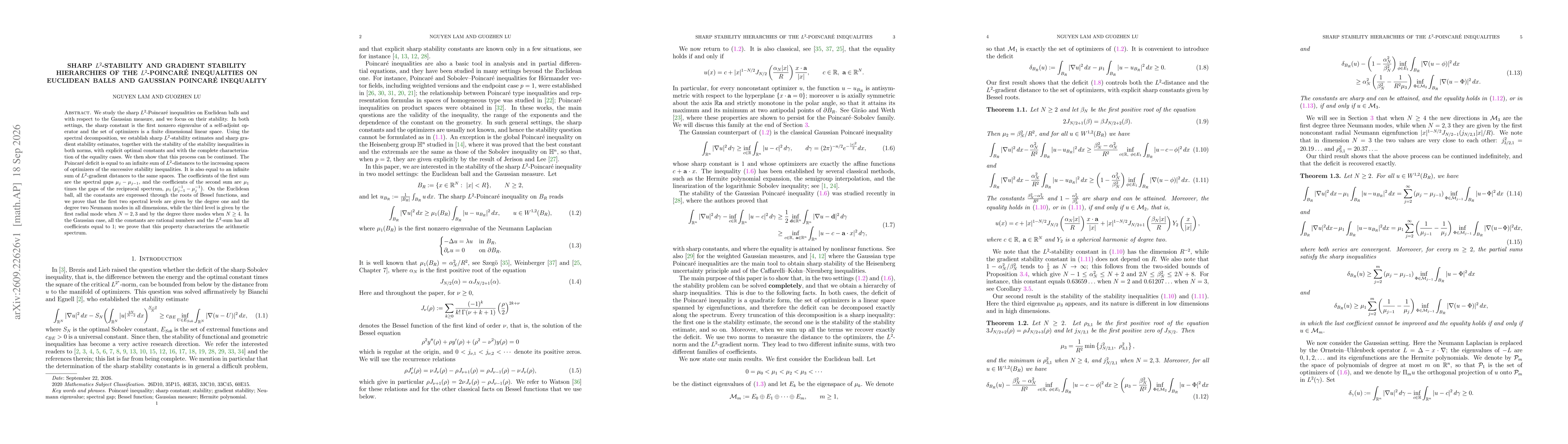 Thumbnail for Sharp $L^2$-stability and gradient stability hierarchies of the $L^2$-Poincaré inequalities on Euclidean balls and Gaussian Poincaré inequality