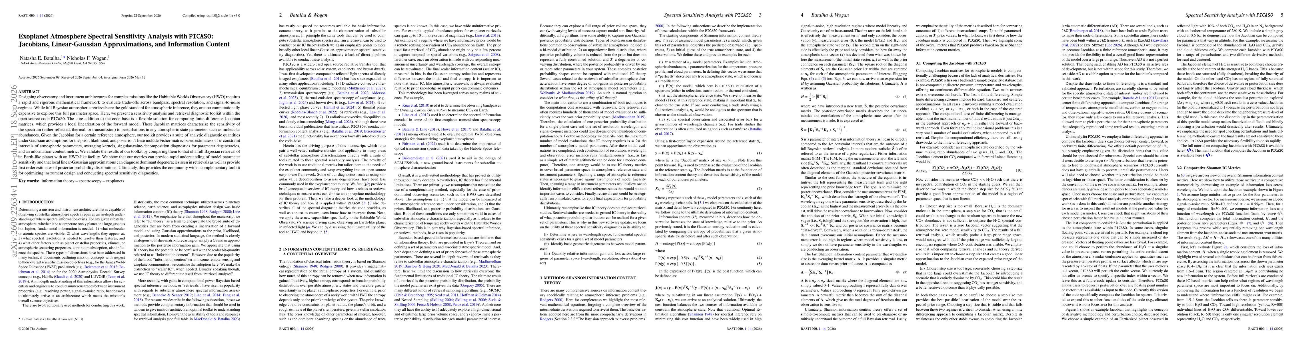 Thumbnail for Exoplanet Atmosphere Spectral Sensitivity Analysis with PICASO: Jacobians, Linear-Gaussian Approximations, and Information Content
