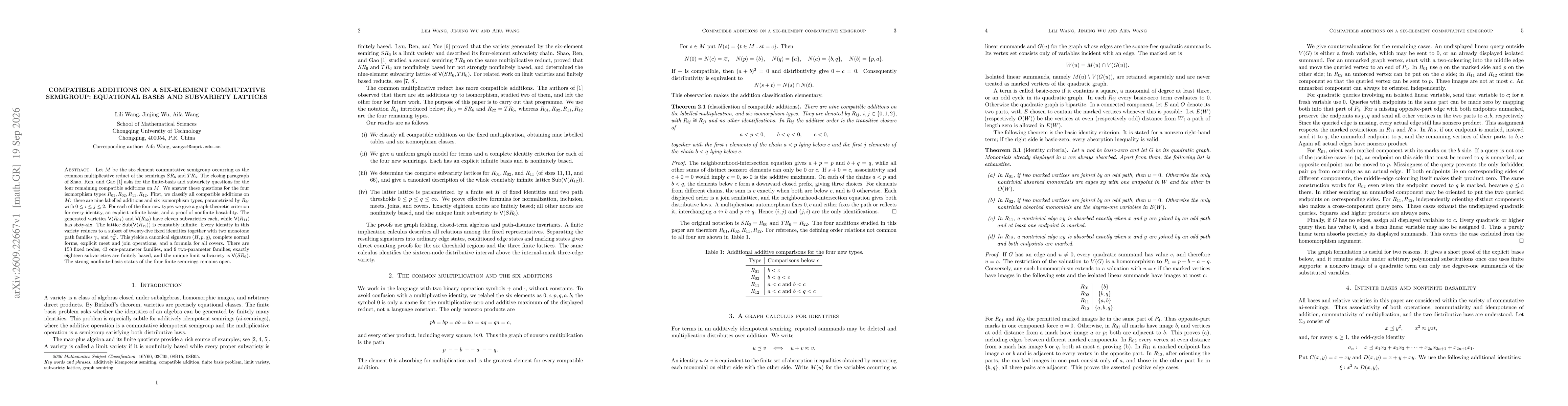 Thumbnail for Compatible additions on a six-element commutative semigroup: equational bases and subvariety lattices
