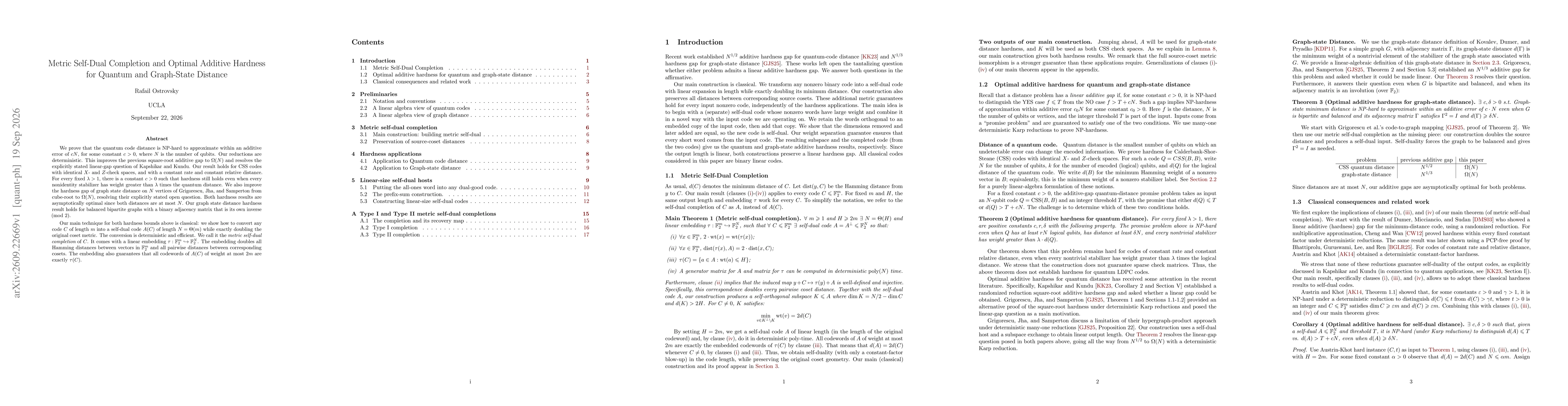 Thumbnail for Metric Self-Dual Completion and Optimal Additive Hardness for Quantum and Graph-State Distance