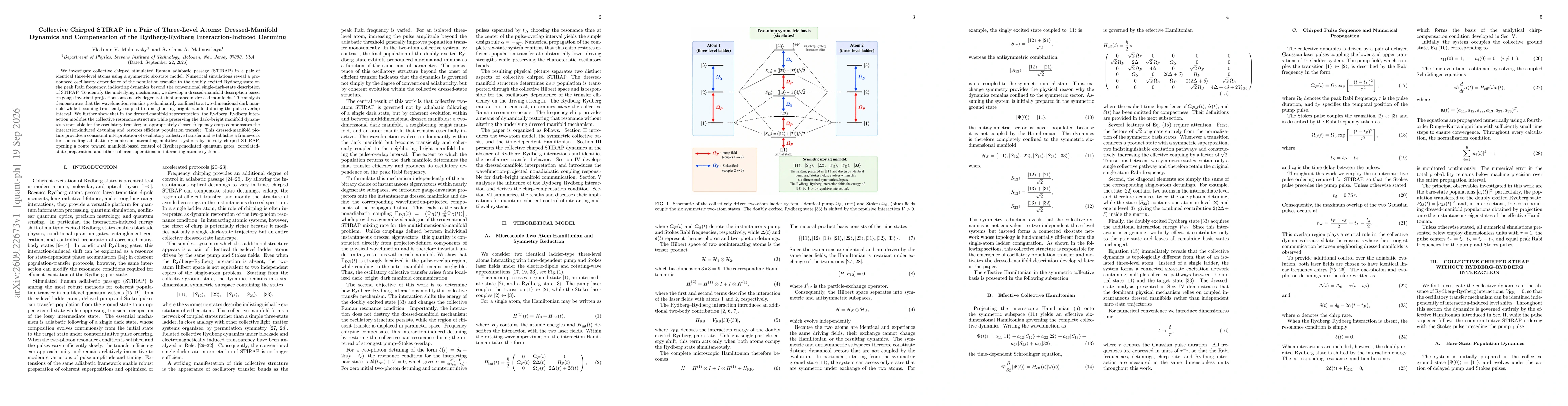 Thumbnail for Collective Chirped STIRAP in a Pair of Three-Level Atoms: Dressed-Manifold Dynamics and Compensation of the Rydberg-Rydberg Interaction-Induced Detuning