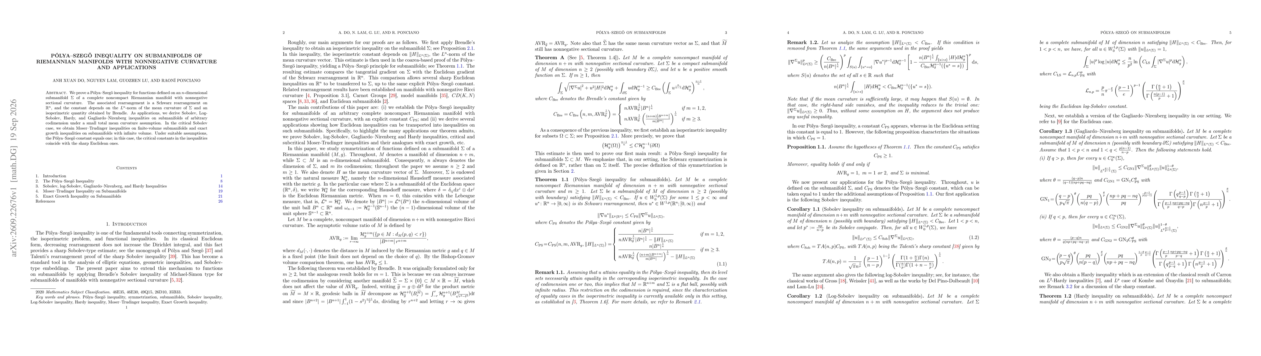 Thumbnail for Pólya--Szegö Inequality on Submanifolds of Riemannian Manifolds with Nonnegative Curvature and Applications