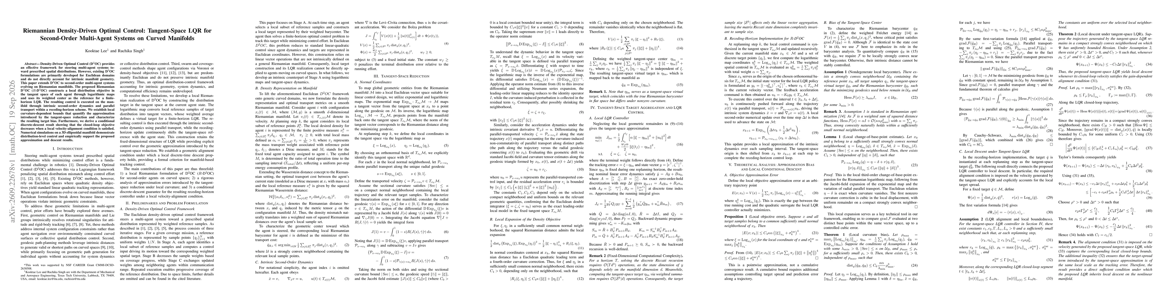 Thumbnail for Riemannian Density-Driven Optimal Control: Tangent-Space LQR for Second-Order Multi-Agent Systems on Curved Manifolds