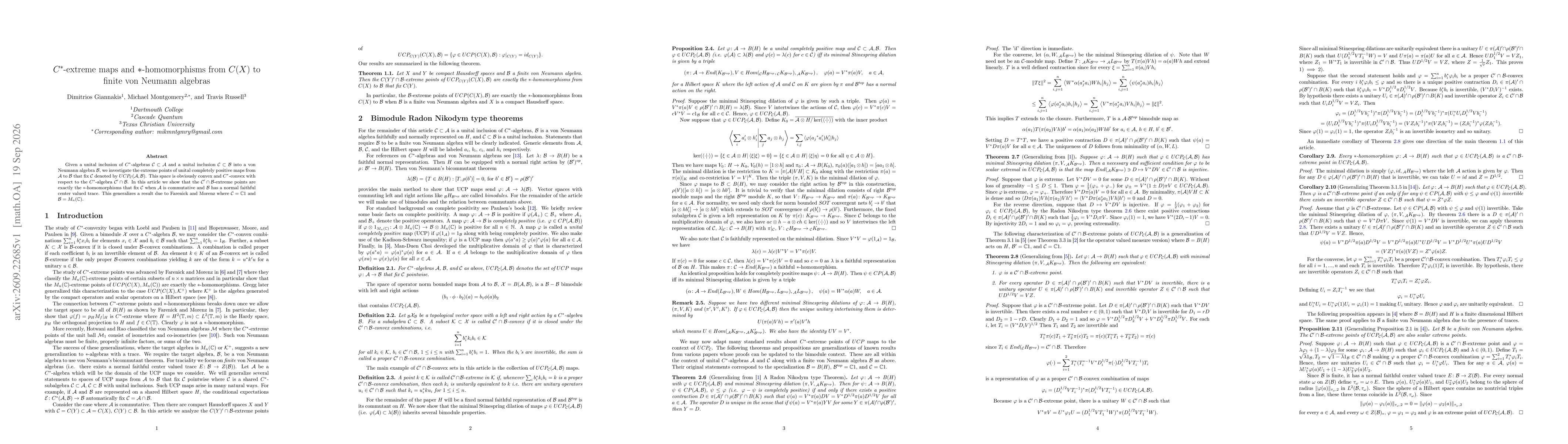 Thumbnail for $C^*$-extreme maps and $*$-homomorphisms from $C(X)$ to finite von Neumann algebras