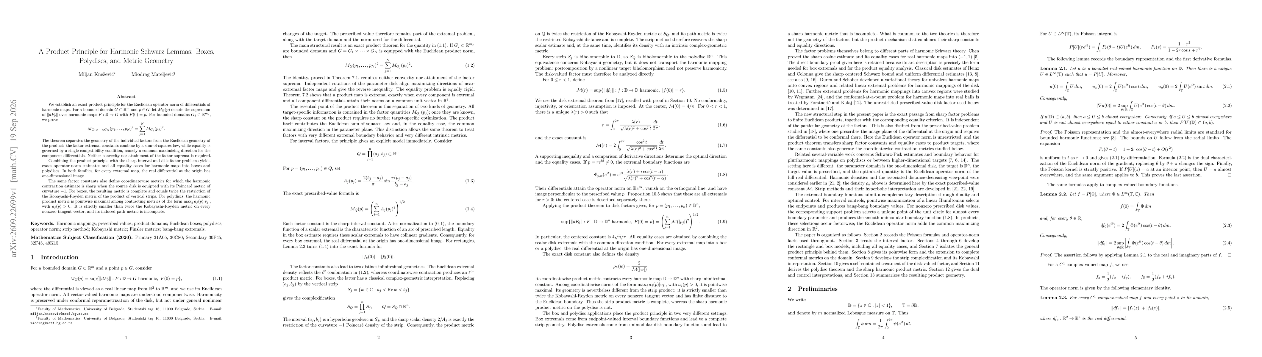 Thumbnail for A Product Principle for Harmonic Schwarz Lemmas: Boxes, Polydiscs, and Metric Geometry