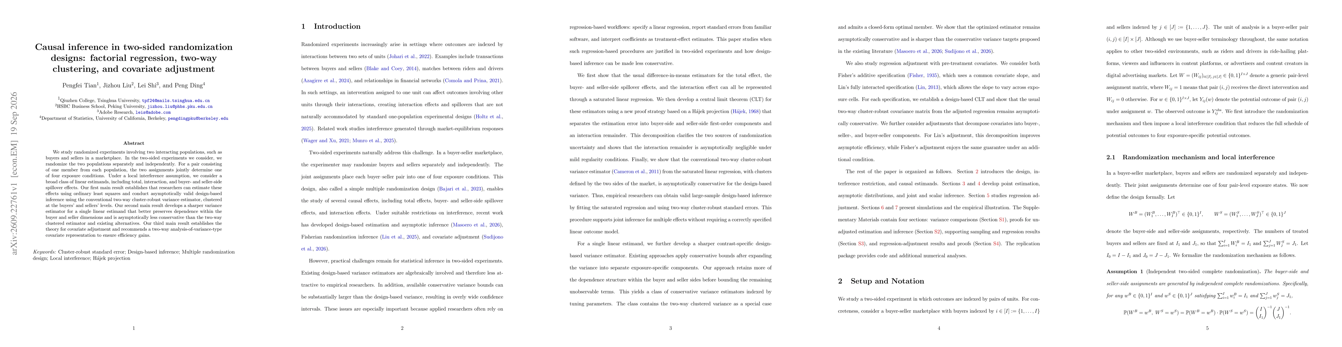Thumbnail for Causal inference in two-sided randomization designs: factorial regression, two-way clustering, and covariate adjustment