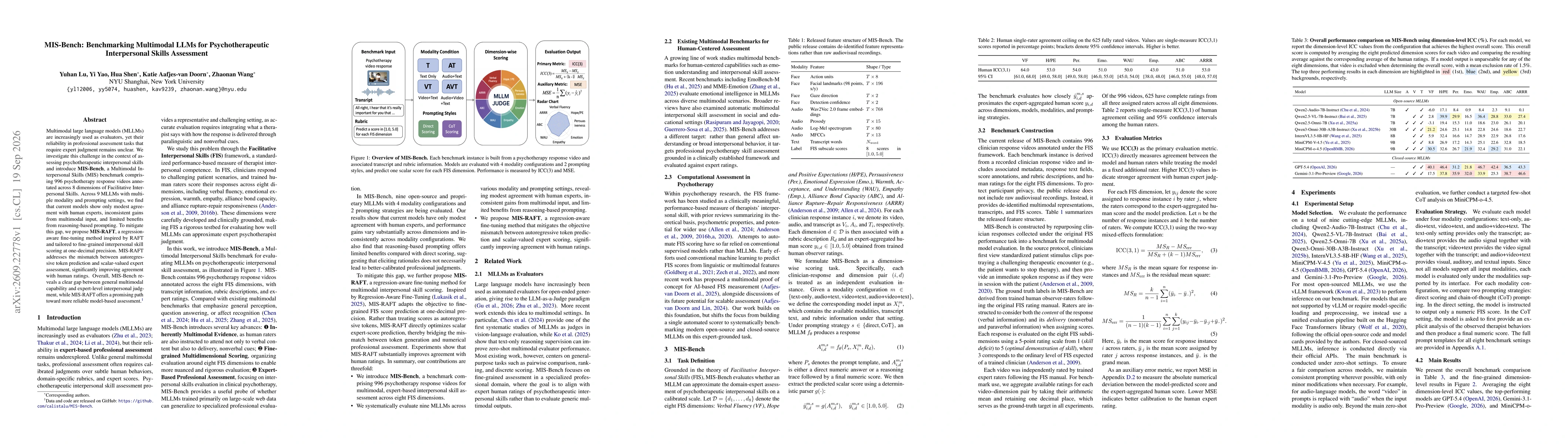 Thumbnail for MIS-Bench: Benchmarking Multimodal LLMs for Psychotherapeutic Interpersonal Skills Assessment