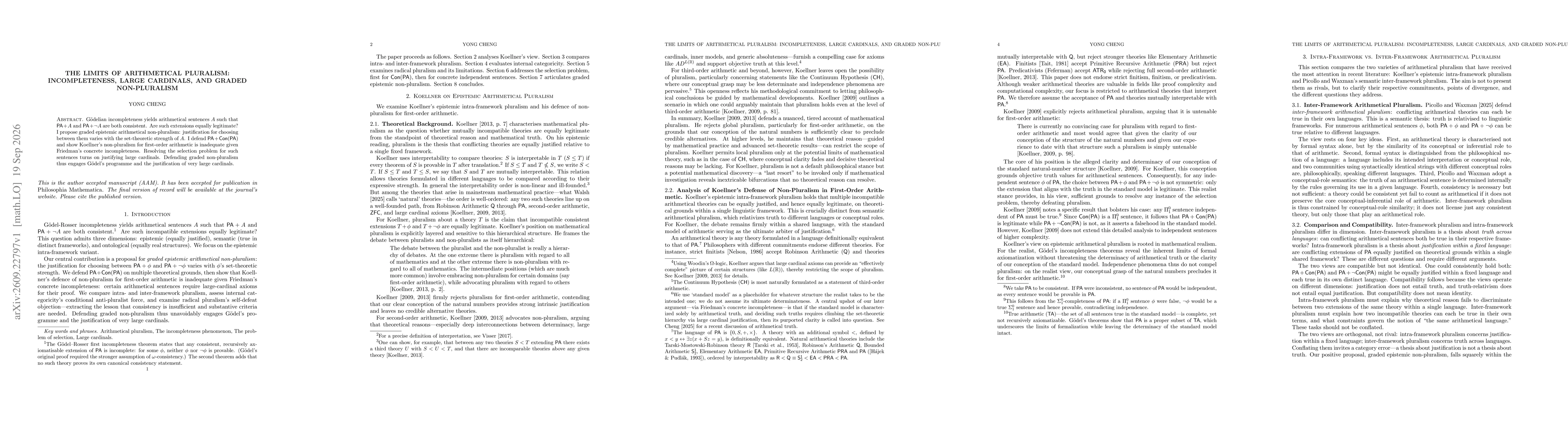 Thumbnail for The Limits of Arithmetical Pluralism: Incompleteness, Large Cardinals, and Graded Non-Pluralism