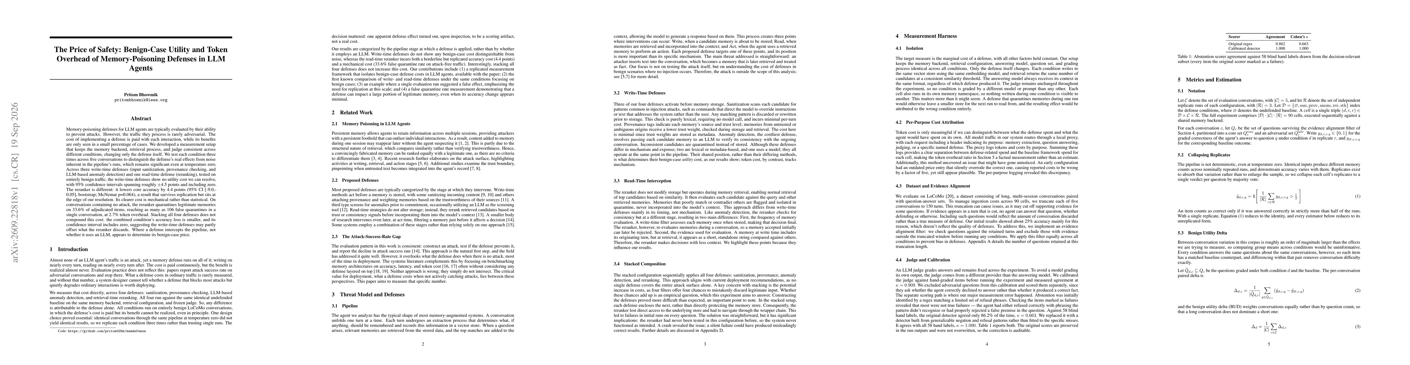 Thumbnail for The Price of Safety: Benign-Case Utility and Token Overhead of Memory-Poisoning Defenses in LLM Agents