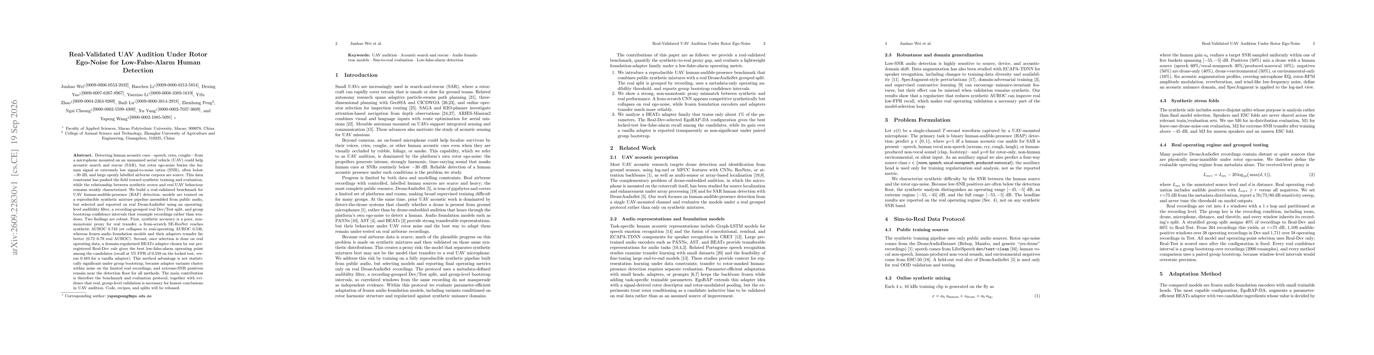Thumbnail for Real-Validated UAV Audition Under Rotor Ego-Noise for Low-False-Alarm Human Detection