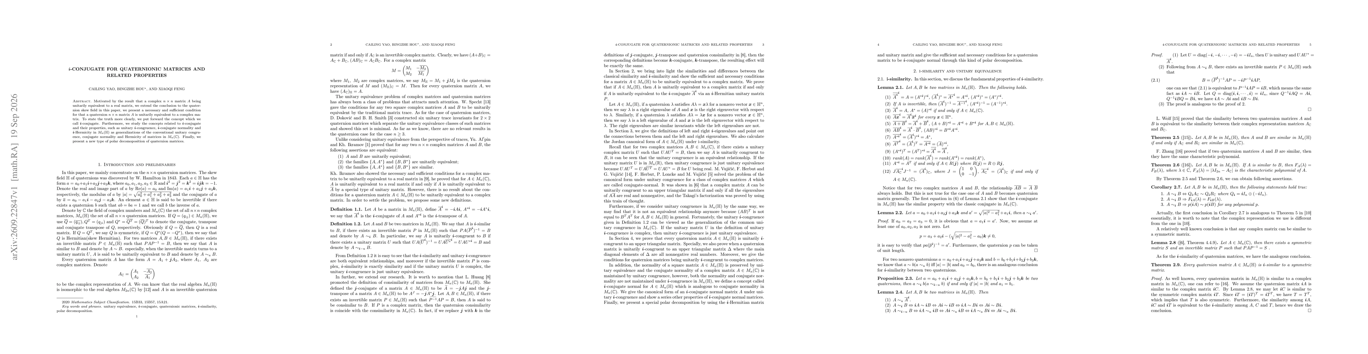 Thumbnail for $\boldsymbol{i}$-conjugate for quaternionic matrices and related properties