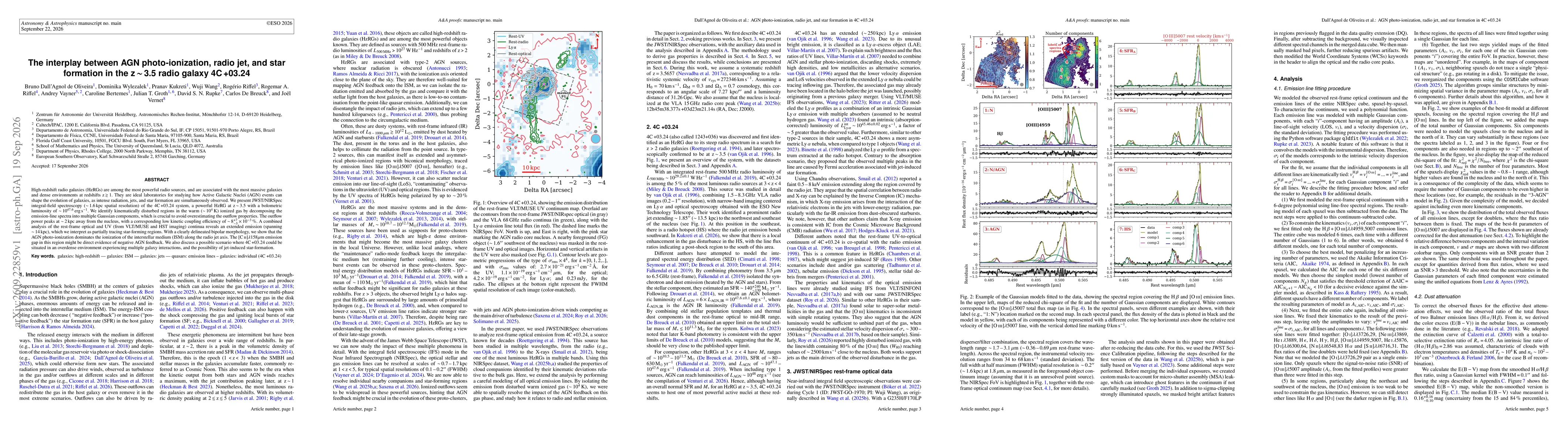 Thumbnail for The interplay between AGN photo-ionization, radio jet, and star formation in the z $\sim$ 3.5 radio galaxy 4C +03.24