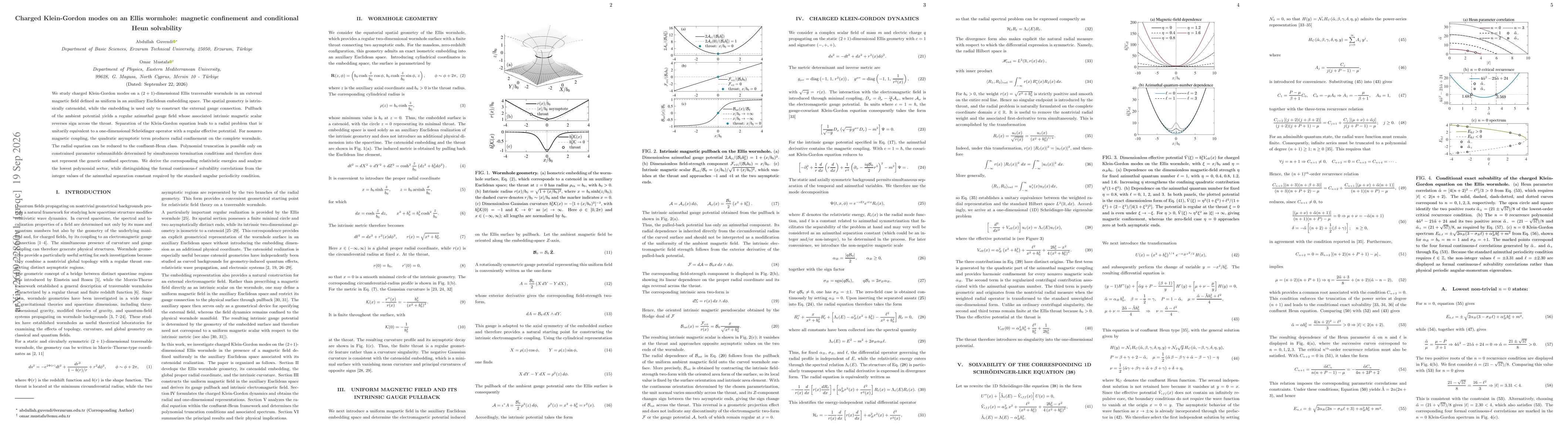Thumbnail for Charged Klein-Gordon modes on an Ellis wormhole: magnetic confinement and conditional Heun solvability