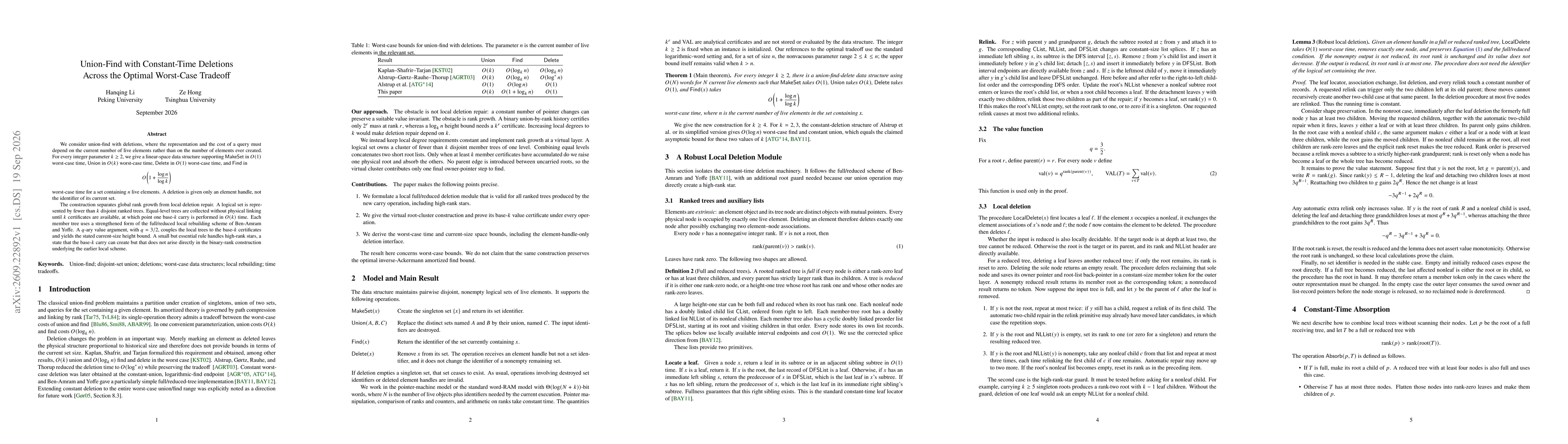 Thumbnail for Union-Find with Constant-Time Deletions Across the Optimal Worst-Case Tradeoff