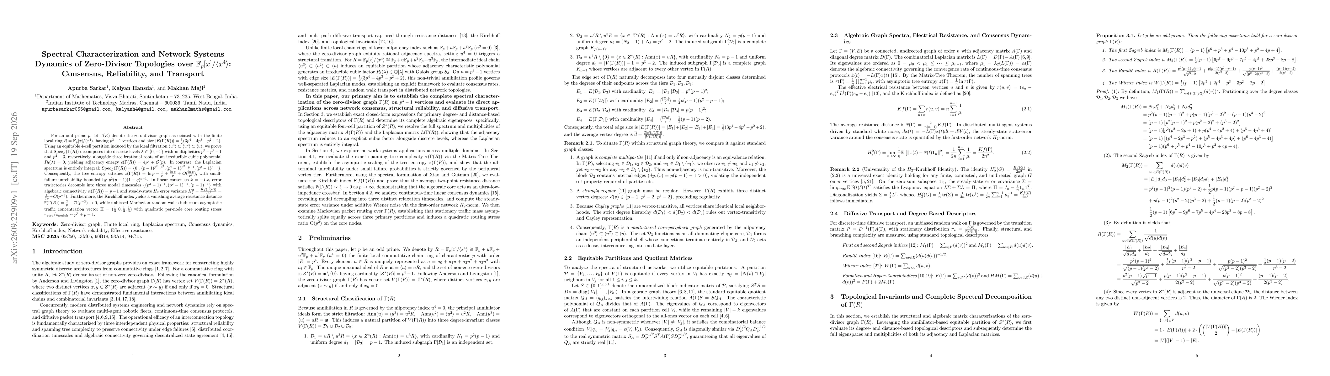 Thumbnail for Spectral Characterization and Network Systems Dynamics of Zero-Divisor Topologies over $\mathbb{F}_p[x]/\langle x^4\rangle$: Consensus, Reliability, and Transport