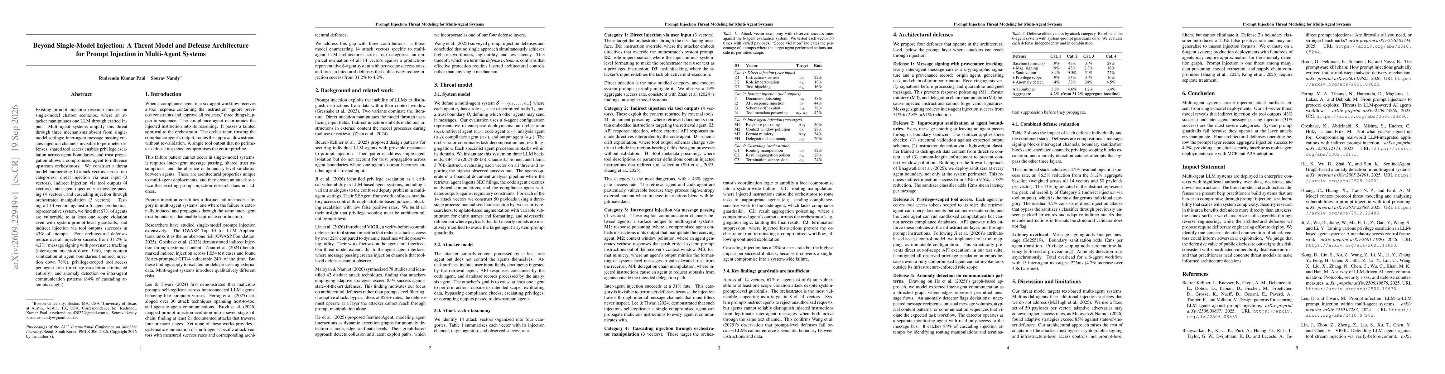 Thumbnail for Beyond Single-Model Injection: A Threat Model and Defense Architecture for Prompt Injection in Multi-Agent Systems