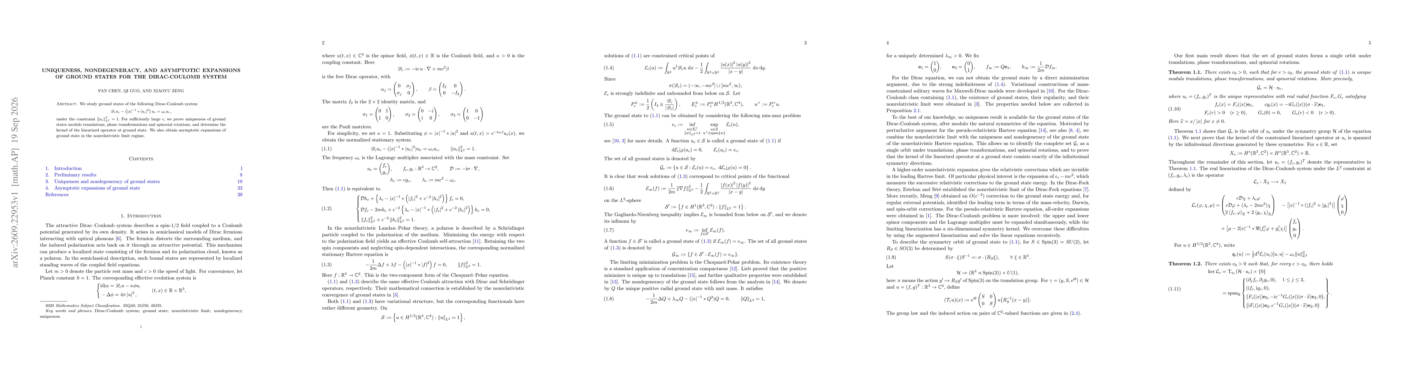 Thumbnail for Uniqueness, Nondegeneracy, and Asymptotic Expansions of Ground States for the Dirac-Coulomb System