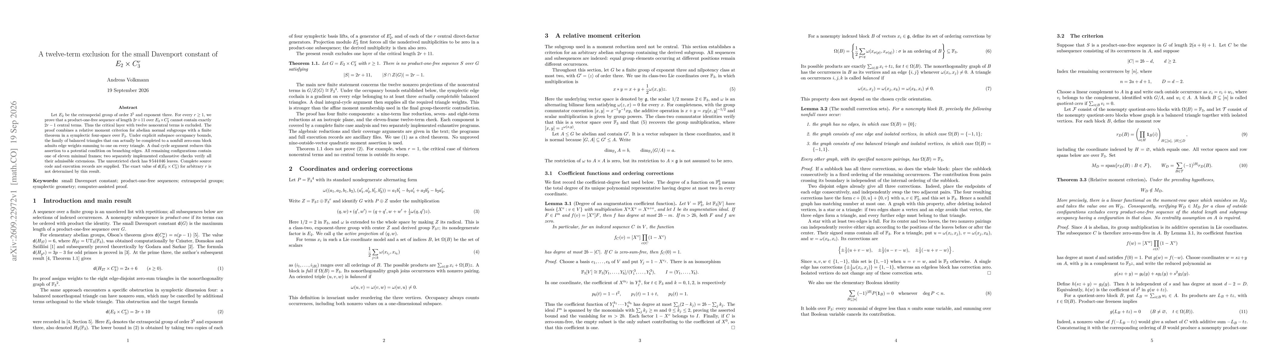 Thumbnail for A twelve-term exclusion for the small Davenport constant of $E_2\times C_3^r$