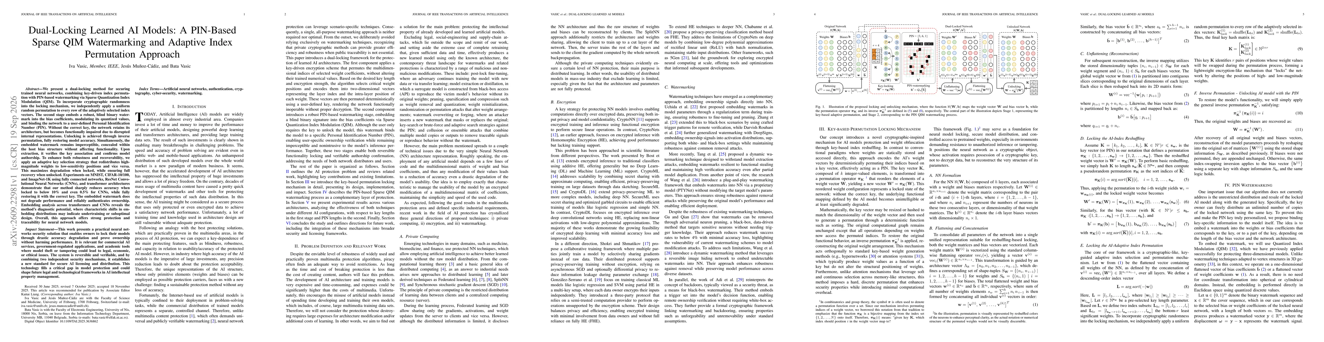 Thumbnail for Dual-Locking Learned AI Models: A PIN-Based Sparse QIM Watermarking and Adaptive Index Permutation Approach