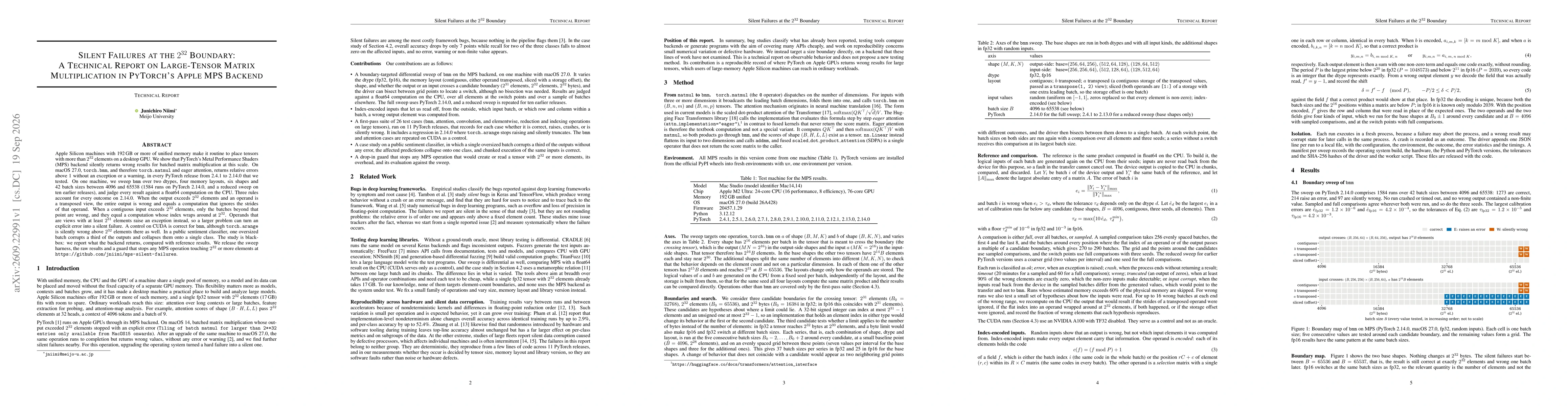 Thumbnail for Silent Failures at the $2^{32}$ Boundary: A Technical Report on Large-Tensor Matrix Multiplication in PyTorch's Apple MPS Backend