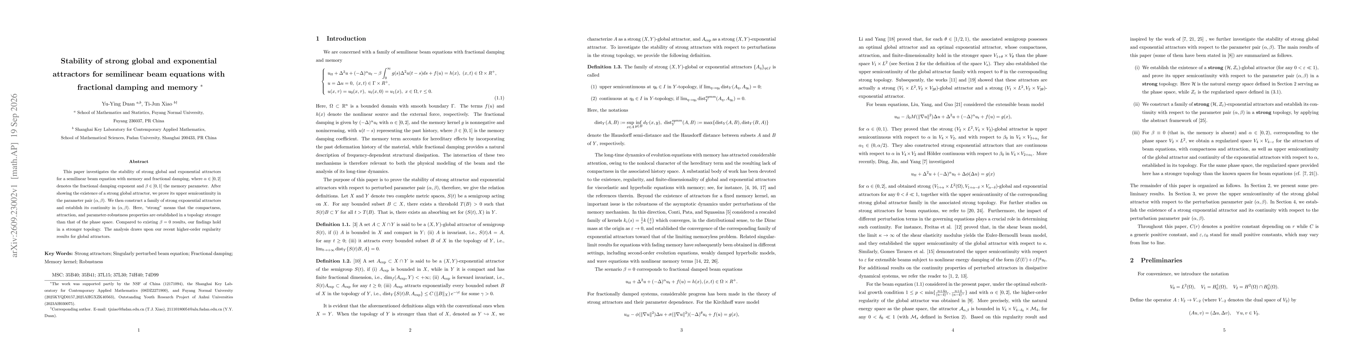 Thumbnail for Stability of strong global and exponential attractors for semilinear beam equations with fractional damping and memory