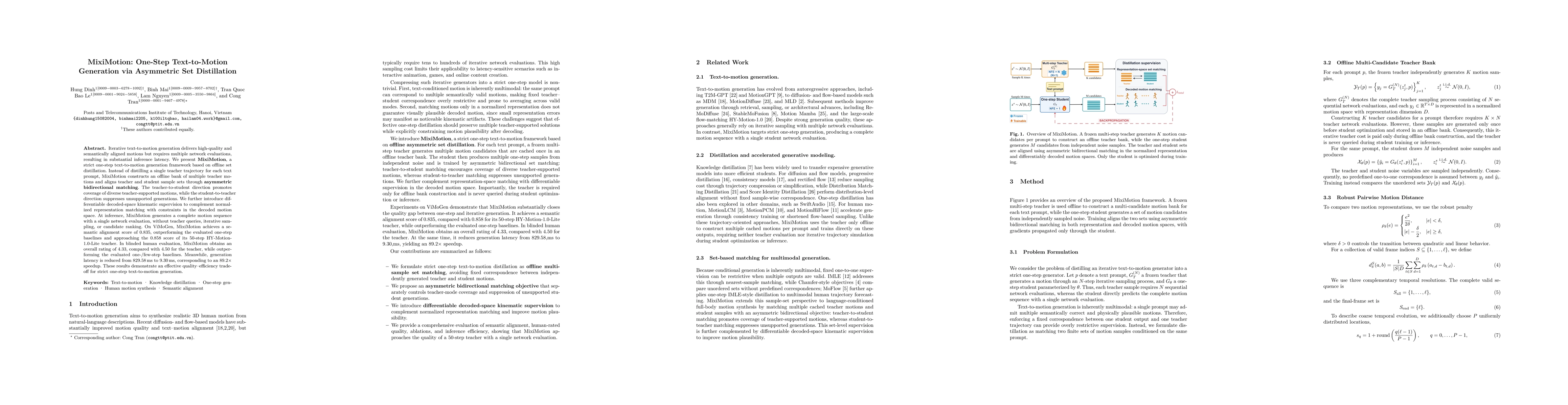 Thumbnail for MixiMotion: One-Step Text-to-Motion Generation via Asymmetric Set Distillation