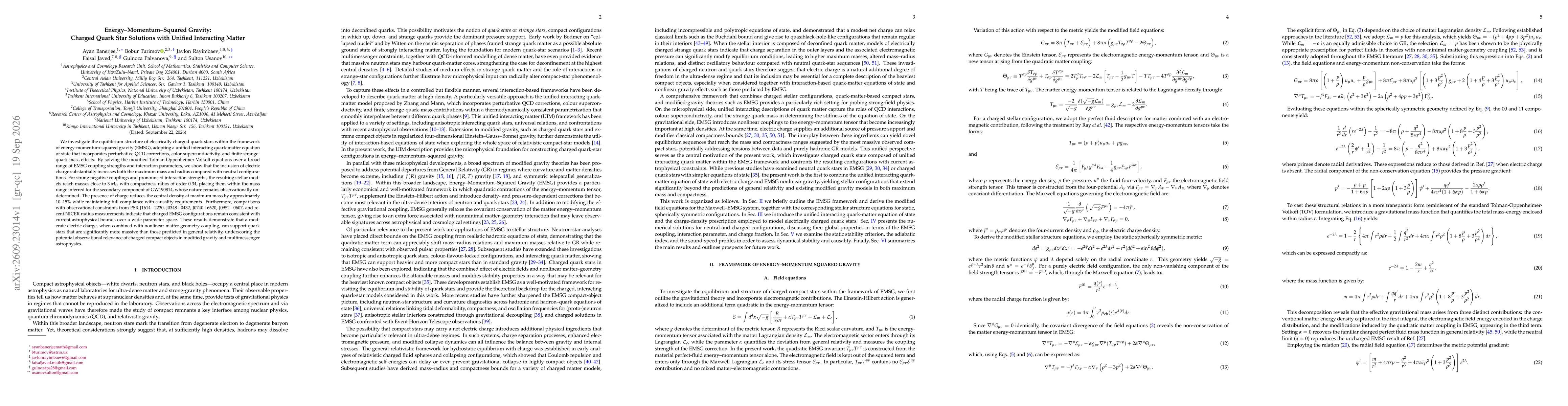 Thumbnail for Energy-momentum-squared gravity: charged quark star solutions with unified interacting matter