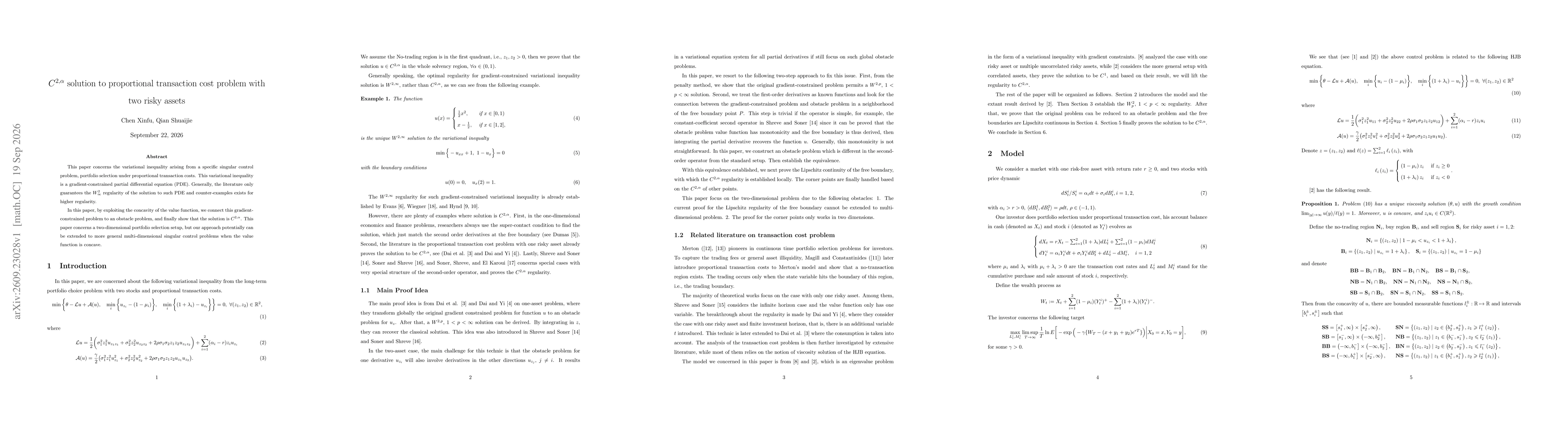 Thumbnail for C^{2,α} solution to the proportional transaction cost problem with two risky assets