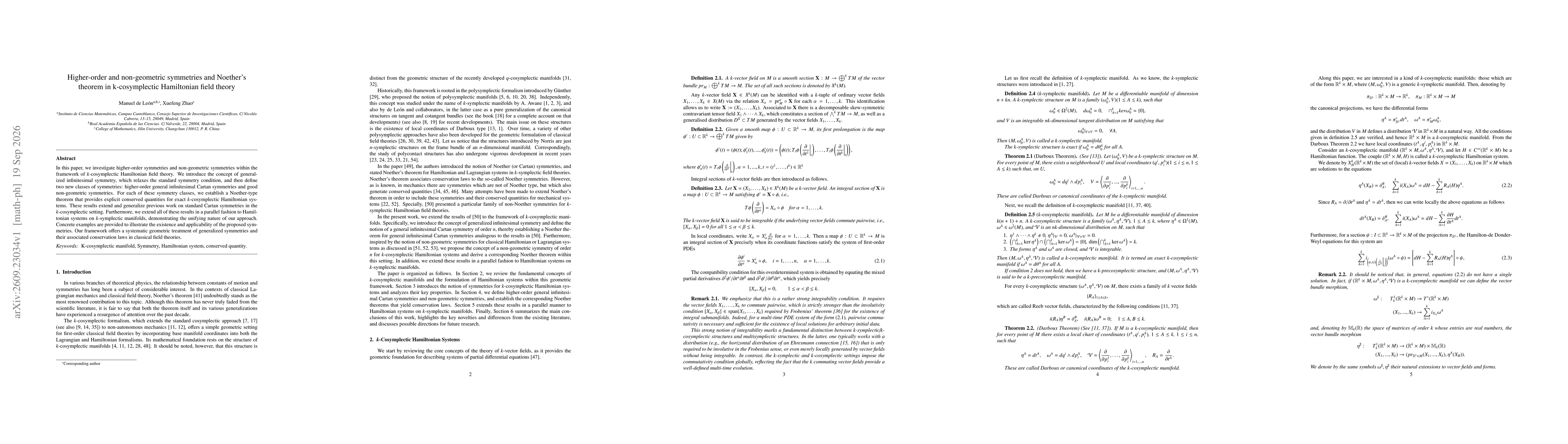 Thumbnail for Higher-order and non-geometric symmetries and Noether's theorem in k-cosymplectic Hamiltonian field theory