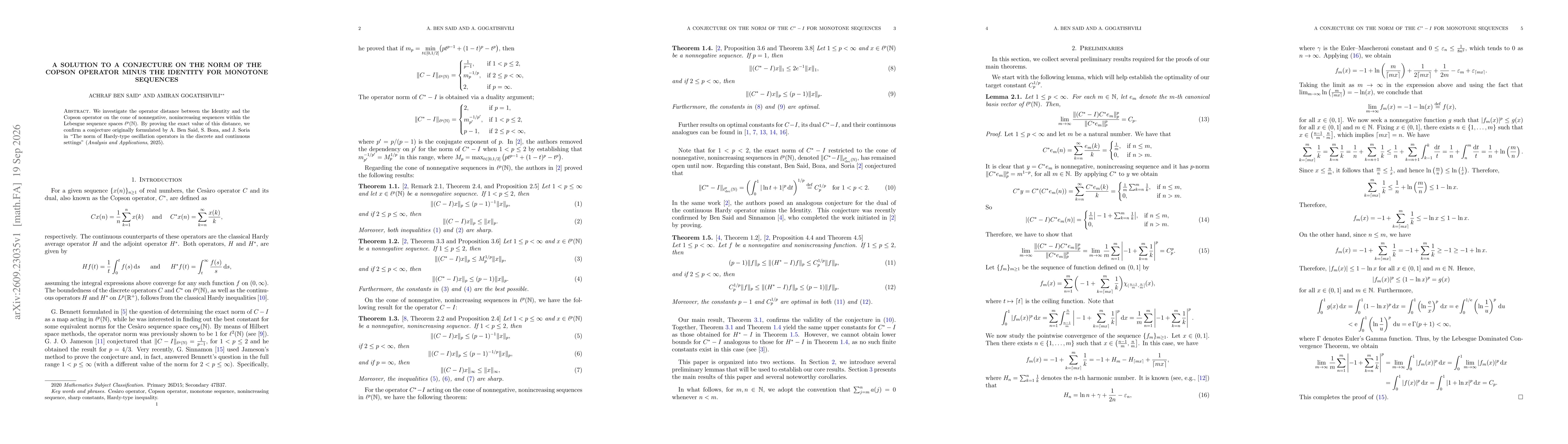 Thumbnail for A solution to a conjecture on the norm of the Copson operator minus the Identity for monotone sequences