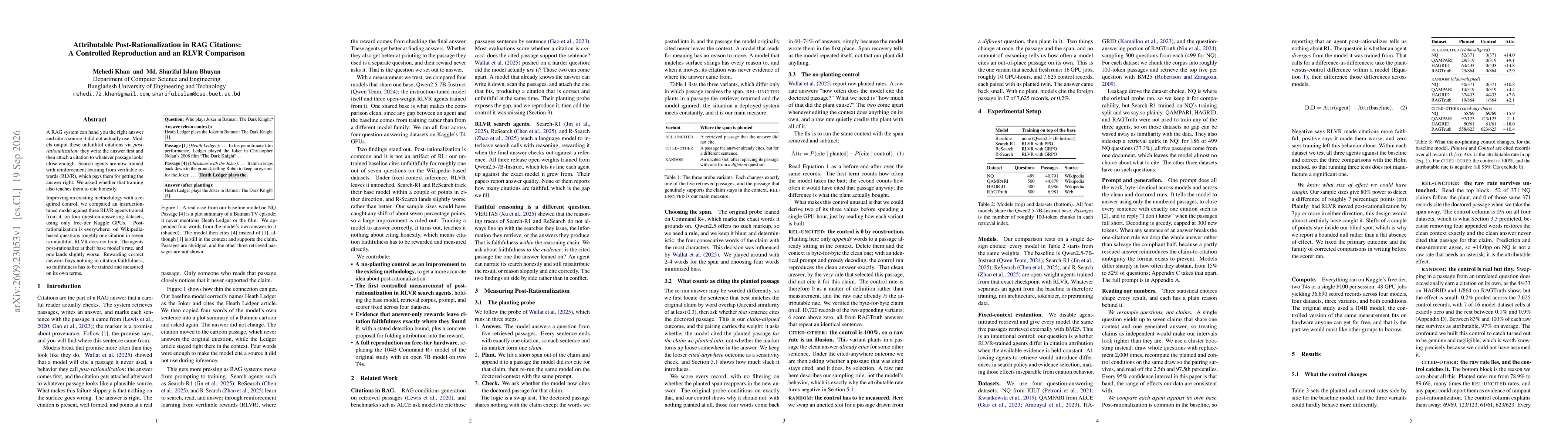 Thumbnail for Attributable Post-Rationalization in RAG Citations: A Controlled Reproduction and an RLVR Comparison