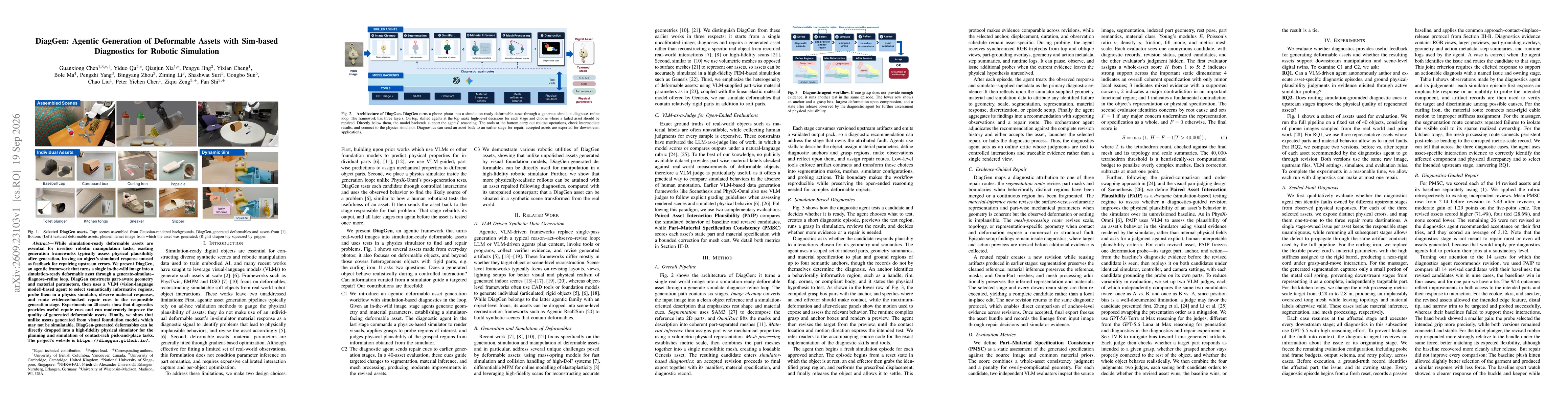 Thumbnail for DiagGen: Agentic Generation of Deformable Assets with Sim-based Diagnostics for Robotic Simulation