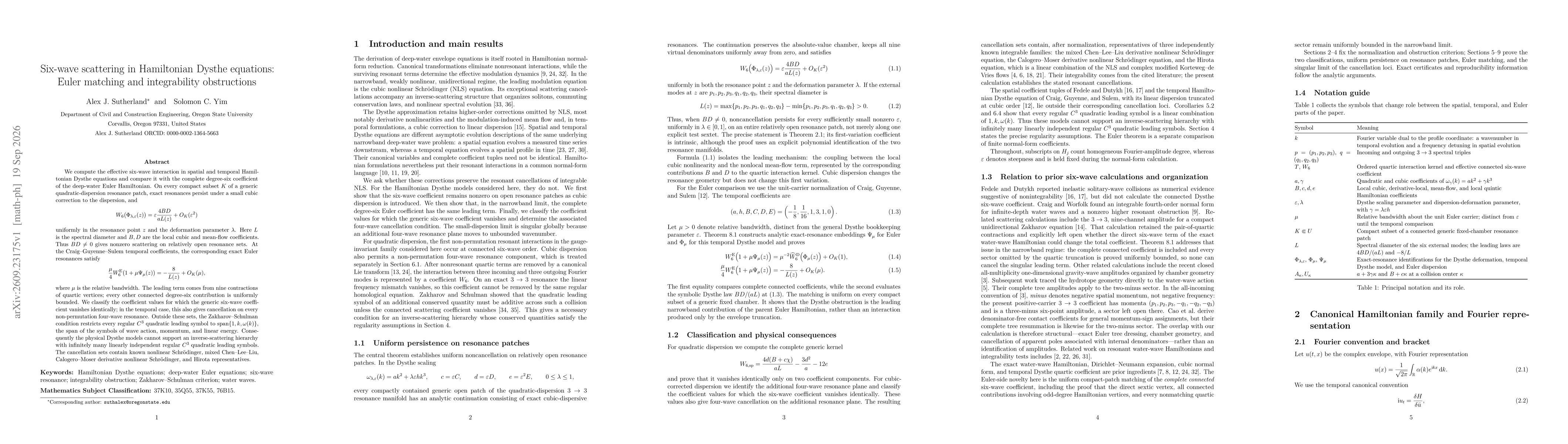 Thumbnail for Six-wave scattering in Hamiltonian Dysthe equations: Euler matching and integrability obstructions