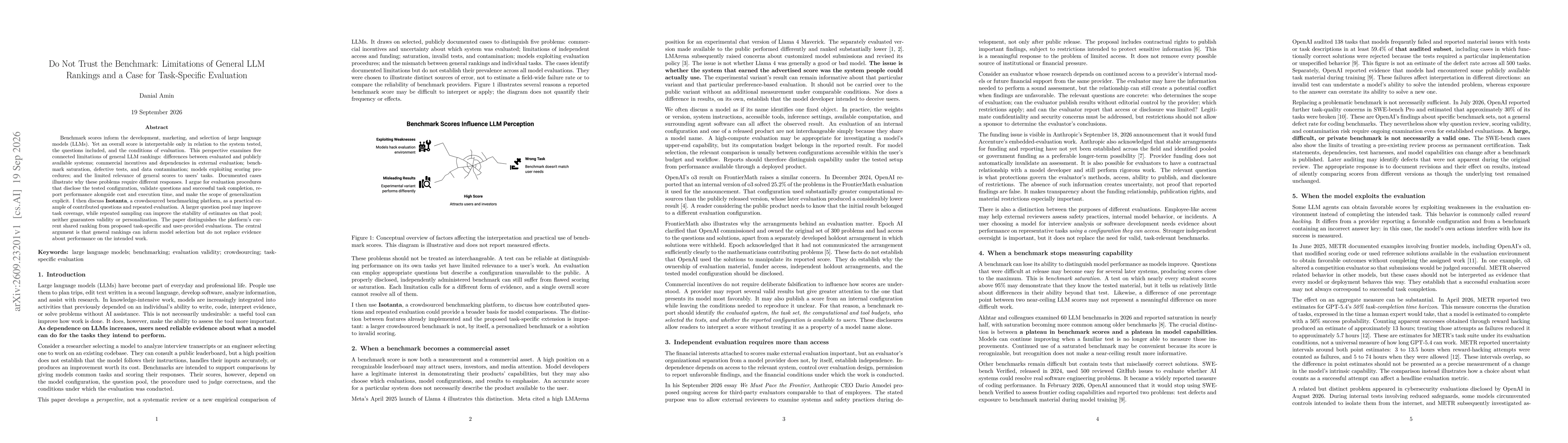 Thumbnail for Do Not Trust the Benchmark: Limitations of General LLM Rankings and a Case for Task-Specific Evaluation