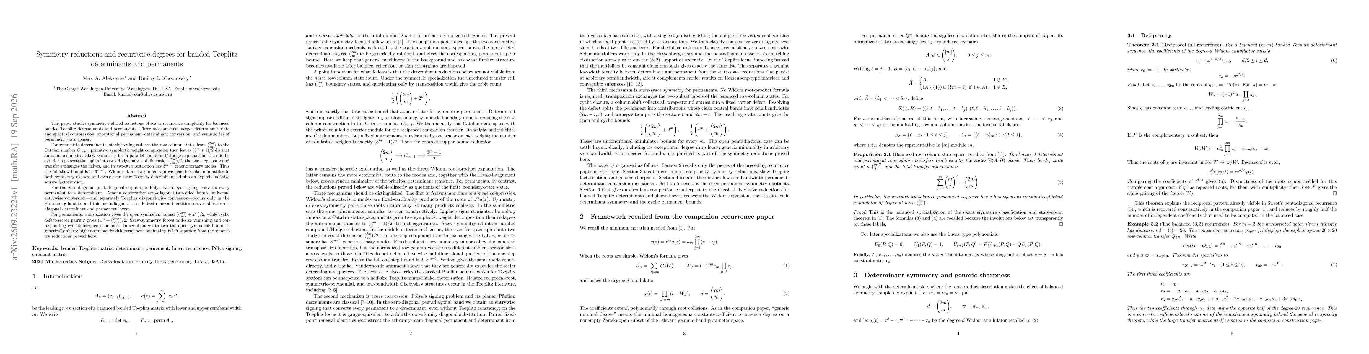 Thumbnail for Symmetry reductions and recurrence degrees for banded Toeplitz determinants and permanents