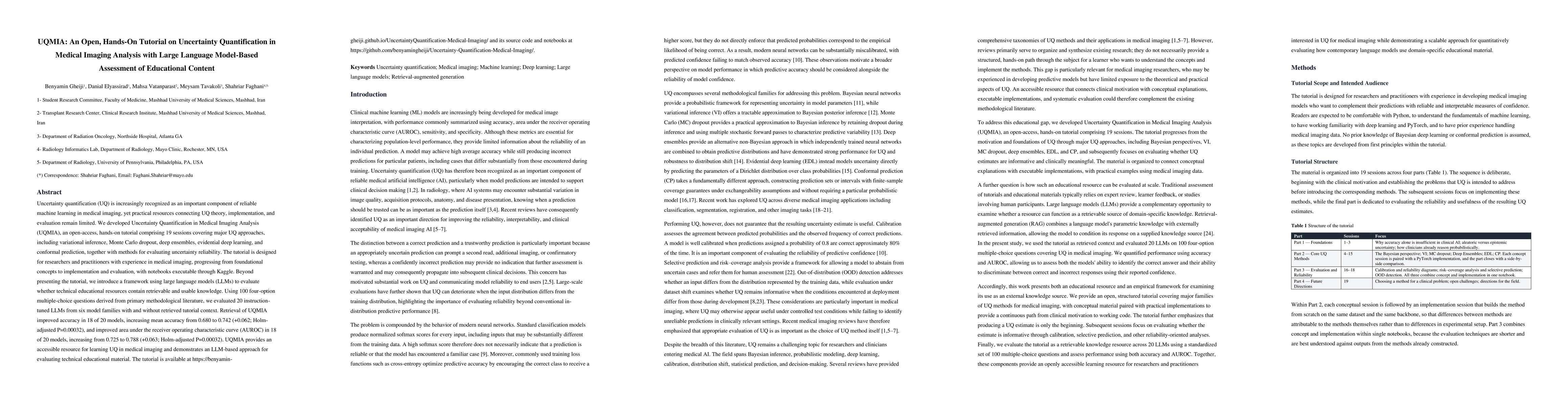 Thumbnail for UQMIA: An Open, Hands-On Tutorial on Uncertainty Quantification in Medical Imaging Analysis with Large Language Model-Based Assessment of Educational Content